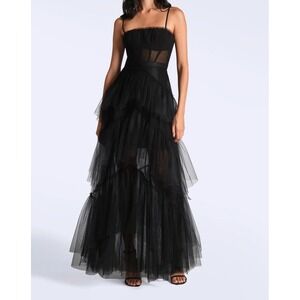 BETSY & ADAM Black SEMI-SHEER Tiered Tulle CORSET BODICE Prom EVENING DRESS Sz 4